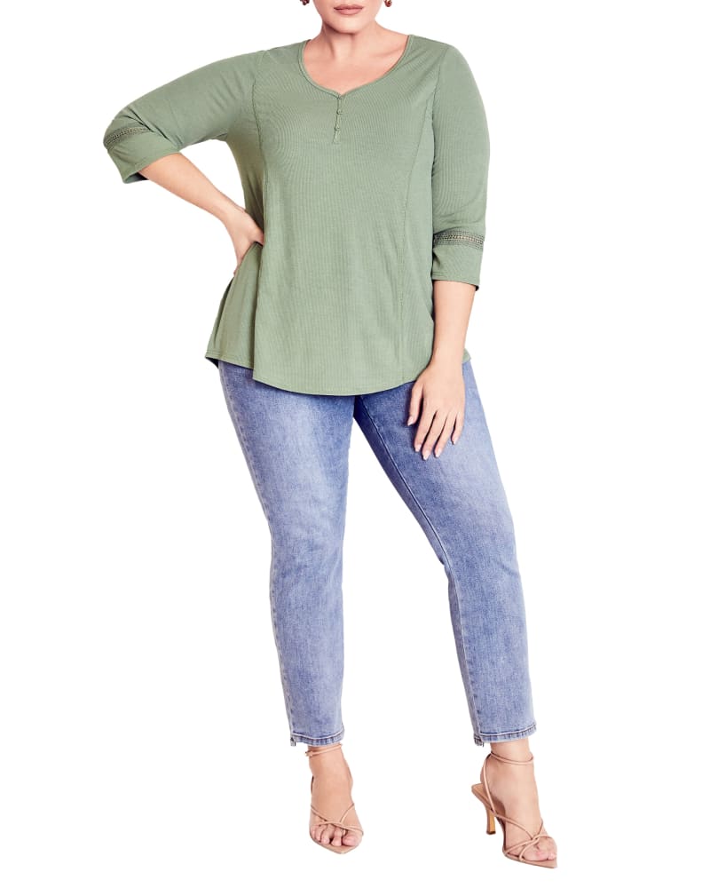 Front of a model wearing a size 20 Henley Rib Top in Olive Green by avenue. | dia_product_style_image_id:310452